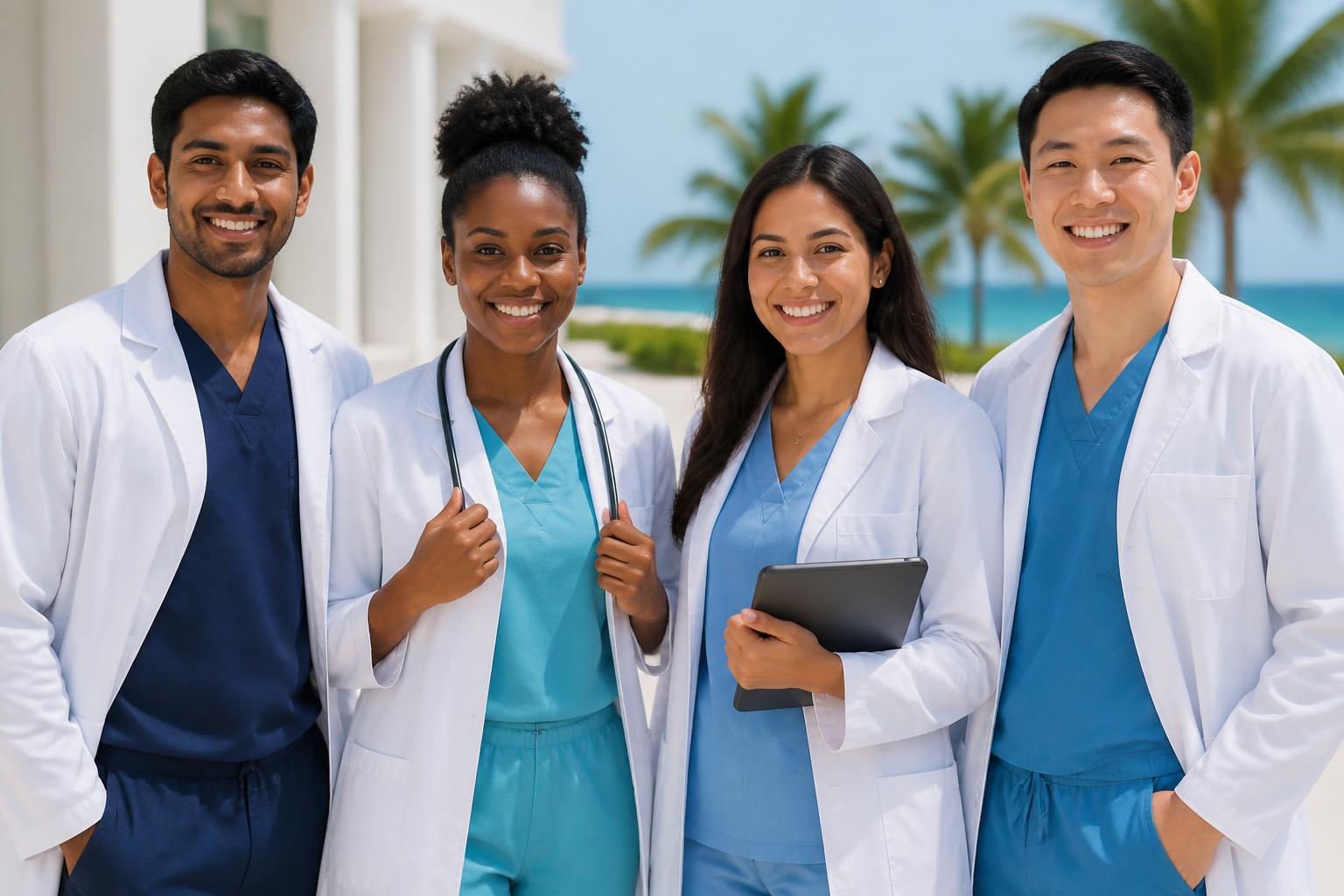 Diverse group of medical students outside a Caribbean medical school campus